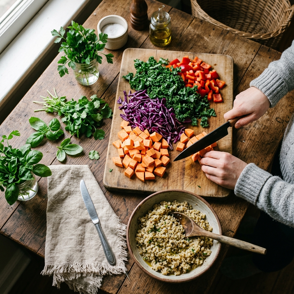 Fresh vegetables and grains on a rustic kitchen table